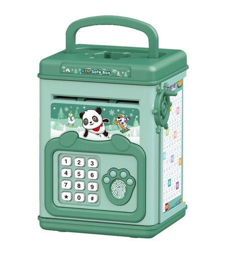 Pusculita pentru Copii, Flippy, pusculita pentru economii SMART BOX cu efecte sonore, Tip ATM, cu Parola cu Amprenta, din plastic, 20 x 13.5 x 11.5 cm Verde