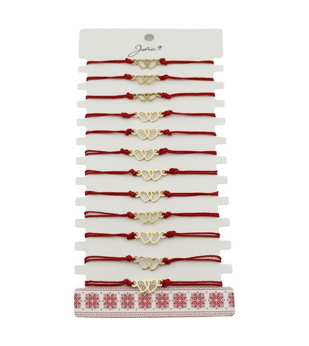 Bratara Martisor pentru Dama, Jolie, Model Inima, Set 12 bucati, Pandativ din Inox Auriu, Snur Ajustabil Impletit, Rosu