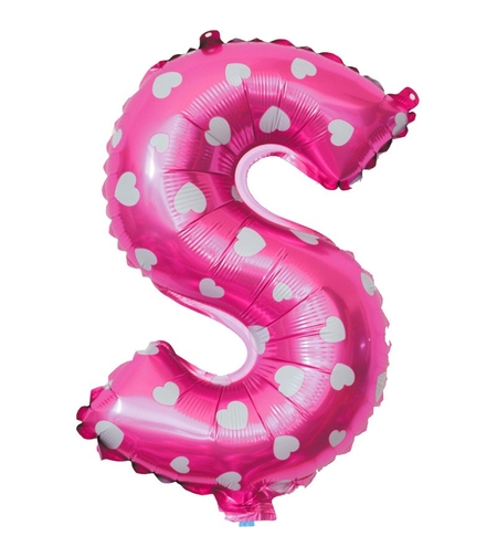 Balon Folie Metalizata Litera S, Flippy, 40 cm, Cu Imprimeu Inimioare, Umflati cu Heliu sau Aer, Ambalaj Individual, Pai inclus, Roz