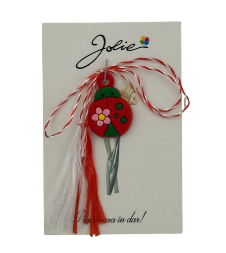 Martisor pentru Copii, Jolie, Material Cauciuc, Ambalaj Carton cu Design, Multicolor, Model Buburuza