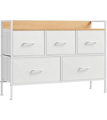 SONGMICS Comoda cu 5 sertare textile, cadru metalic si blat din PAL, design industrial, 98x29x70 cm, alb si stejar