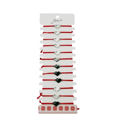 Bratara Martisor pentru Dama, Jolie, Model Inima, Set 12 bucati, Pandativ Argintiu din Inox cu Snur Rosu Ajustabil