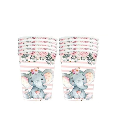 Set 10 Pahare, Flippy, Imprimeu Elefant, din Carton, 7.5 x 8.5 cm, Roz