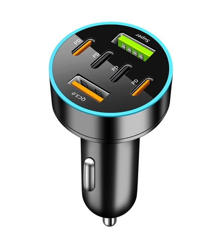 Incarcator Auto 6 in 1, Flippy, 2 x Port USB Fast Charge QC3.0 si 4 x Type C, PD 65W, Negru