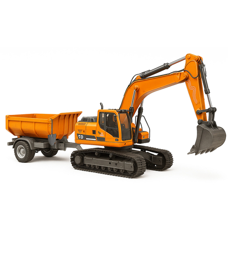 Set utilaje construction RC cu excavator si basculanta, lumini si abur, telecomanda, 3 accesorii incluse