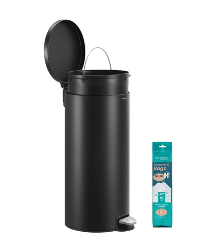 SONGMICS Cos de gunoi cu pedala, capac soft-close, galeata detasabila, otel, 30L, saci menajeri inclusi, negru