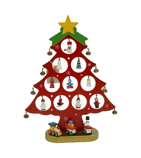 Decoratiune Craciun, Brad, Rosu, 10 cavitati cu ornamente, 20.5 cm x 28 cm, Lemn, Flippy