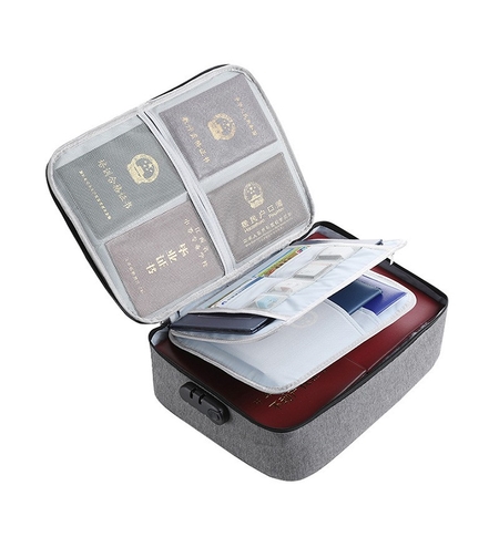Geanta Flippy pentru Depozitare Acte si Documente, Facturi, Carduri, cu Cod de Securitate, 3 Compartimente, Impermeabila, 37 x 10.5 x 27 cm, Gri