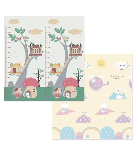 Covoras pentru Copii, Flippy, cu 2 Fete, Model Casute in Copaci/Iepurasi, din XPE+PE, Impermeabil, Antiderapant, Protectie Termica, +3 Luni, Pliabil, 180 x 200 x 1.5 cm, Multicolor