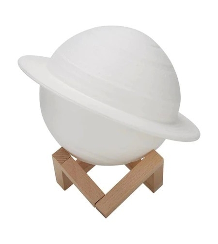 Lampa de Veghe, Flippy, Model Planeta Saturn, 3D, Lumina Alb Cald, Suport din Plastic, cu Baterii, 13 cm, Alb