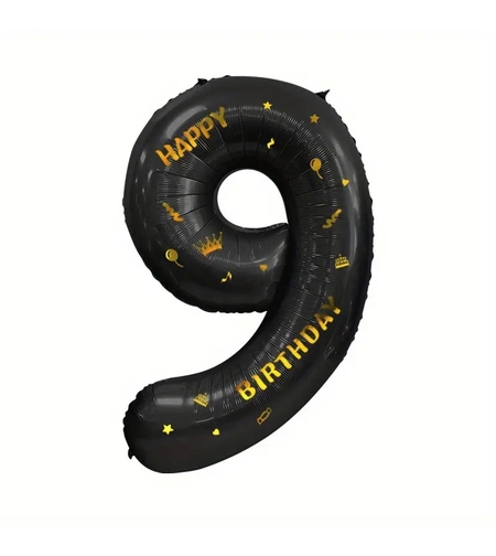 Balon din Folie Metalizata Flippy, Figurina Cifra, Scris Happy Birthday, Tema Aniversare 100 cm, Ambalaj Individual, Pai inclus, Umflare cu Aer sau Heliu, Negru, Cifra 9