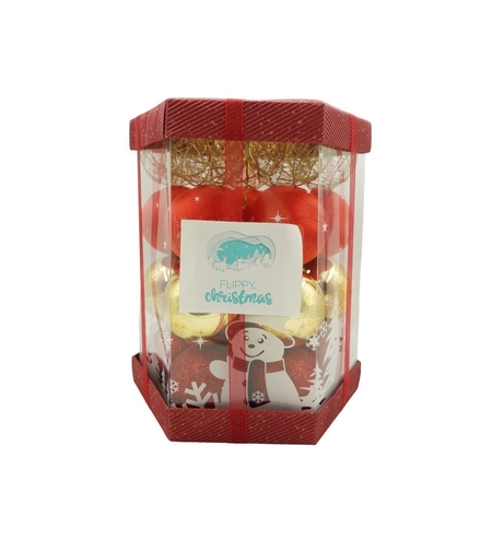 Set de 28 ornamente de brad, Flippy, de tip Glob, Rosu/ Auriu, din polistiren, cu finisaj sclipitor , cutie 18 cm adancime x 22 cm inaltime x 18 cm lungime)