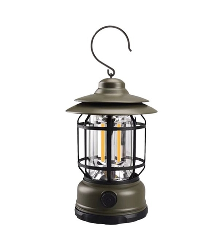 Lampa portabila camping, Felinar Vintage cu carlig, ABS, Iluminare 21 COB LED, Intensitate reglabila, 5W, Flippy, Verde