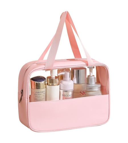 Geanta cosmetice Flippy, pentru voiaj sau organizare, material PVC/textil, impermeabila, portabila, 30 x 21 x 12 cm, roz
