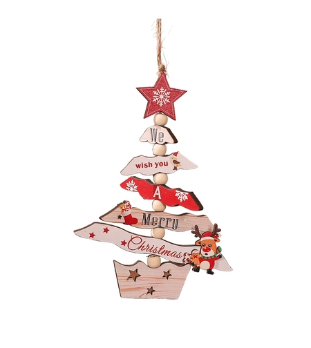 Decoratiune de Craciun din Lemn, Flippy, cu Snur pentru Agatare in Brad, Model Brad de Craciun si Ren, Scris We Wish You A Merry Christmas, 17x12.8x0.4 cm, Multicolor