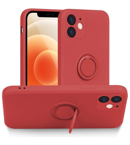 Husa protectie Vafy compatibila cu Apple iPhone 12 Mini Liquid Silicone Ring cu suport rotativ Rosu