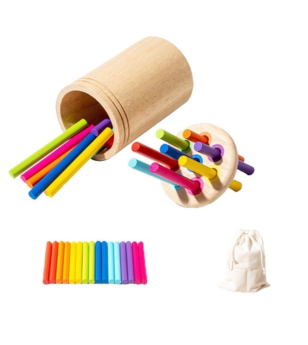 Jucarie Educativa Montessori din Lemn, 19 Piese, Flippy, Sortator cu Betisoare, Joc de Motricitate Fina pentru Copii, Varsta 2+ ani, Saculet Depozitare, 11.3 x 7 cm, Multicolor