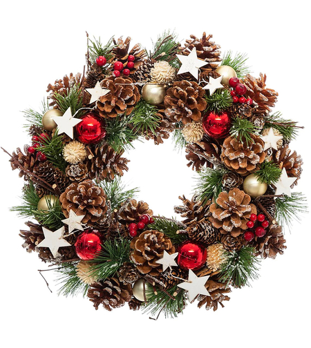 Coronita decorativa cu frunze si conuri, diametru 35 cm, multicolora