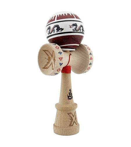 Kendama X Originala, Profesionala, Flippy, DRAGON Series, Super Sticky cu Cupe Mari King Size V3, Rulment Metalic si Gaura in Baza, din Lemn 18 cm, Ata 62/65 cm, Alb/Rosu inchis