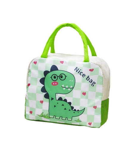 Geanta Termoizolanta pentru Copii, Flippy, 23x13x19 cm, Model Imprimeu Dinozaur, din Folie de Aluminiu si Panza Oxford, Verde