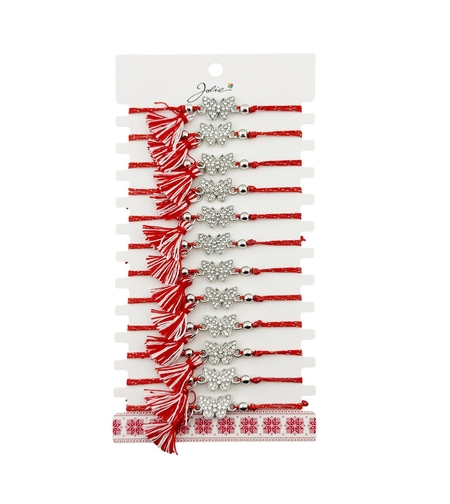 Martisor Bratara cu Ciucure pentru Dama, Jolie, Model Fluture cu Pietre, Set 12 bucati, Pandativ din Inox, Snur Reglabil, Rosu/Alb