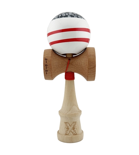 Kendama X CHICANOS Originala, Profesionala, Flippy, Big Cups V2, Super Sticky cu Cupe Mari, Rulment Metalic, din lemn 18 cm, Ata 55 cm, Negru/Alb