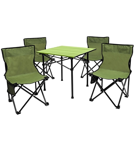 Set camping 5 in 1 cu masa si 4 scaune pliabile, structura otel si blat aluminiu, 53x52x50 cm, verde