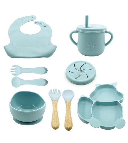 Set 10 piese diversificare bebelusi si copii din silicon Flippy, baveta, farfurie compartimentata cu ventuza, bol cu ventuza, tacamuri din lemn si silicon, cana pentru gustari, fara alergeni, baby blue