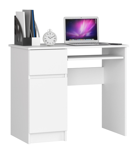 Birou computer PIKSEL, cu sertar, dulap si raft pentru tastatura, stanga, 90x50x77 cm, alb