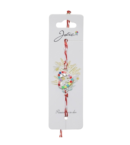 Martisor Bratara Snur Alb-Rosu, Jolie, Pandantiv Metalic, Model Inima Pietre