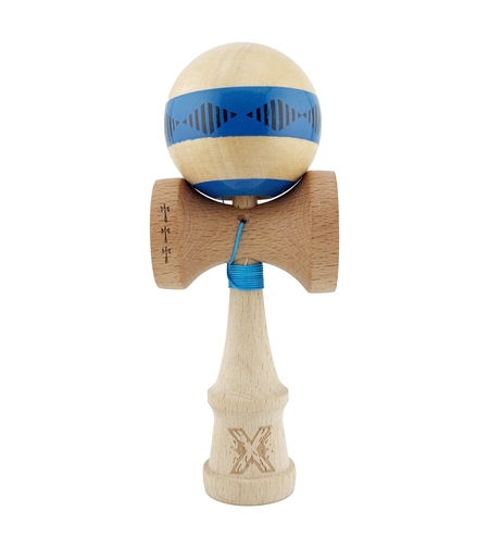 Kendama X FREQUENCY Originala, Profesionala, Flippy, Big Cups V2, Super Sticky cu Cupe Mari, Rulment Metalic, din lemn 18 cm, Ata 55 cm, Albastru/Maro