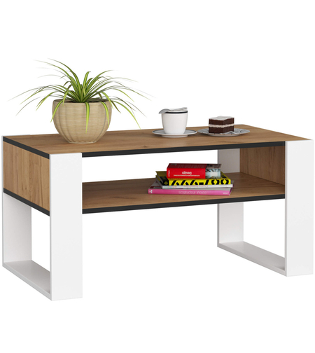 Masuta de cafea Domi cu raft inferior, blat laminat, 92x50x45 cm, stejar craft si alb