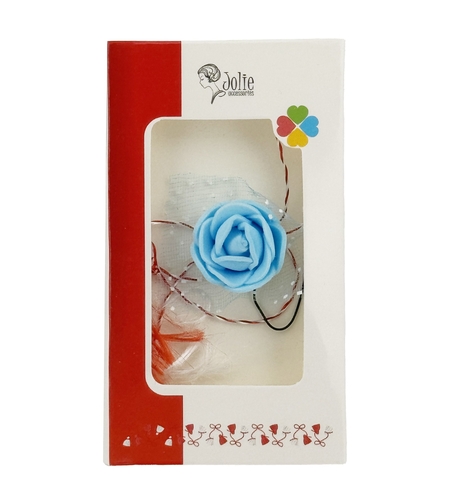 Martisor Motiv Floral, Jolie, Model Trandafir, cu Snur Alb/Rosu, 9 x 5 cm, Albastrsu deschis