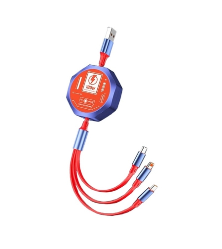 Cablu Retractabil 3in 1 pentru Telefon, Flippy, Cablu de incarcare rapida 100W, stil Mecha, potrivit pentru Auto, Universal 1.2M, Rosu Albastru