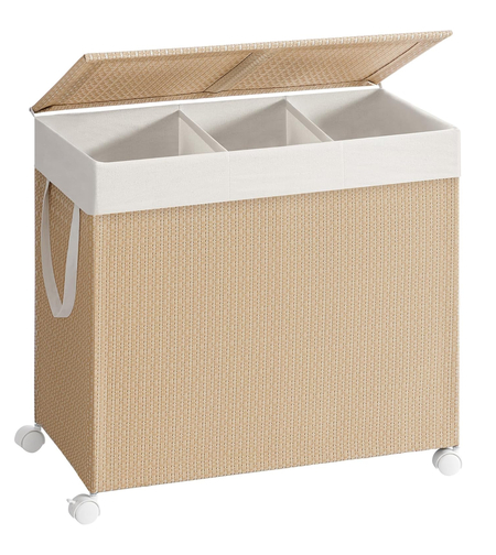 SONGMICS Cos rufe din tesatura tip ratan, 140L cu 3 compartimente si roti, 66x38x65 cm, bej natur