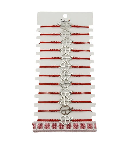 Bratara Martisor pentru Dama, Jolie, Model Trifoi in Contur, Set 12 bucati, Pandativ Argintiu din Inox cu Snur Rosu Ajustabil