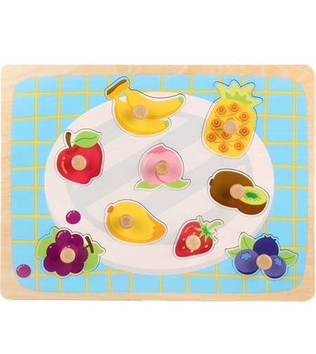 Puzzle Montessori din Lemn pentru Copii, Flippy, 3D, 0-3 Ani, Model Fructe, Educativ, Intuitiv, Creativ, 9 Piese, 30x22.5x0.8 cm, Multicolor
