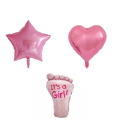 Set 3 Baloane din Folie Metalizata, Vafy, Figurine Picior 46x79 cm, Inima 45 cm, Stea 45cm, Model It's a Girl, Tema Gender Reveal, Ambalaj Individual, Pai Inclus, Umflare cu Aer sau Heliu, Roz