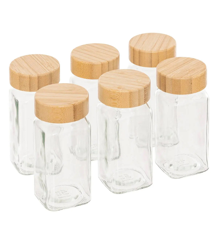 Set 6 borcane condimente 5Five, din sticla cu capac bambus, 120 ml fiecare