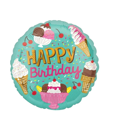 Balon din Folie Metalizata, Flippy, Mini Figurina Rotunda, Model Inghetata, Happy Birthday, Tematica Aniversare, 45 cm, Ambalaj Individual, Pai Inclus, Umflare cu Aer sau Heliu, Verde