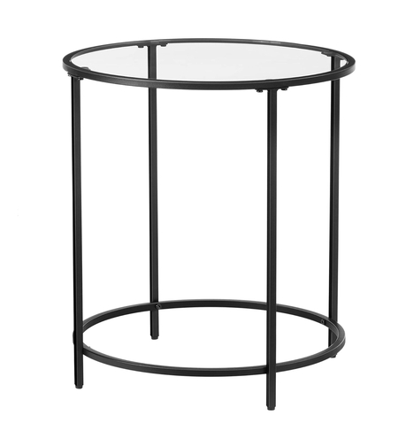 VASAGLE Masa rotunda, din sticla securizata cu cadru de otel, noptiera, 50x50x55cm, negru