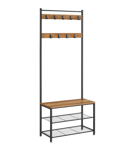 VASAGLE Cuier hol 3 in 1 cu banca si raft pantofi, cadru metalic si PAL, 70x32x177 cm, maro nuc si negru
