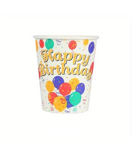 Pahare Cartonate pentru Petreceri, Flippy, Set 10 Pahare Cartonate pentru Zile de Nastere si Aniversari, Model HAPPY BIRTHDAY, 230 ml, 8.6 x 7.5 cm, Multicolor