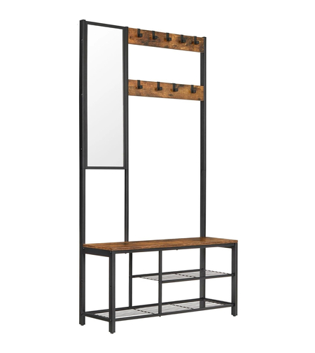 VASAGLE Cuier pentru hol cu oglinda si 9 carlige detasabile, structura metalica, stil industrial, 98x36x185 cm, maro rustic