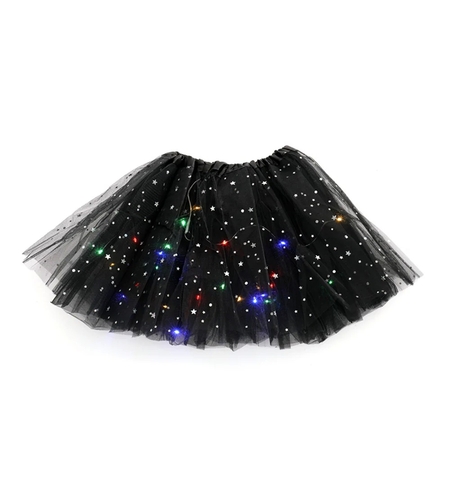 Fusta LED pentru Copii, Flippy, Tutu de Balet pentru Fetite cu Luminite Multicolore Incorporate, Model Stelute, 30 cm Lungime, Negru