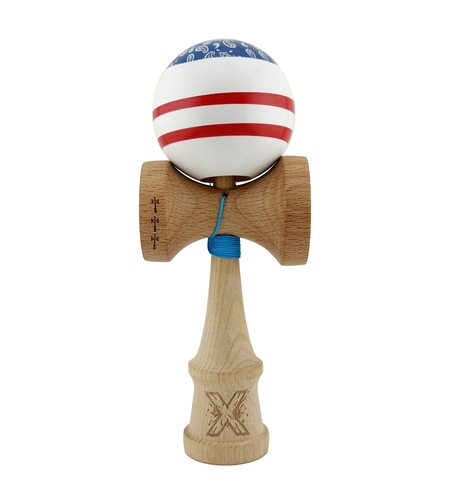 Kendama X CHICANOS Originala, Profesionala, Flippy, Big Cups V2, Super Sticky cu Cupe Mari, Rulment Metalic, din lemn 18 cm, Ata 55 cm, Albastru/Alb