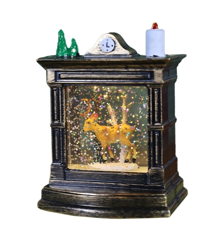 Decoratiune de Craciun tip Semineu / Ceas, Flippy, Glob de Cristal cu Fulgi de Zapada, Model Ren, Iluminare LED, 11.5 x 8.5 x 6.5 cm, Carcasa Vintage Bronze, Transparent