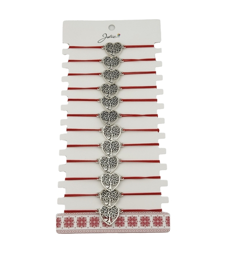 Bratara Martisor pentru Dama, Jolie, Model Copac in Inima, Set 12 bucati, Pandativ Argintiu din Inox cu Snur Rosu Ajustabil