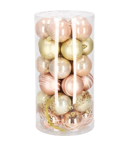 Set globuri de Craciun cu modele de sarbatori, 30 bucati, 6cm, roz si auriu