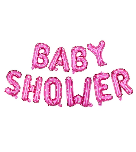 Set Baloane din Folie Metalizata, Vafy, Model Baby Shower, Litere de 40 cm, Baloane Party, Ambalaj Individual, Pai, Ata si Adeziv Incluse, Umflare cu Aer sau Heliu, Roz